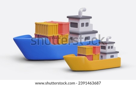 Composition with big and small tanker ships on white background. Ship transports different containers. Industrial export and import business and commercial delivery. Vector illustration in 3d style