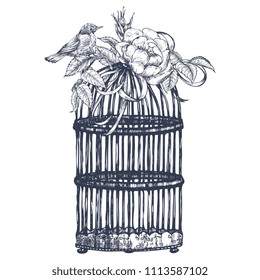 Composition with a bird, cage, leaves and a flower of a dogrose. Ink illustration by hand. Graphic arts. Vintage drawing for print to clothing, textiles, posters and other surface