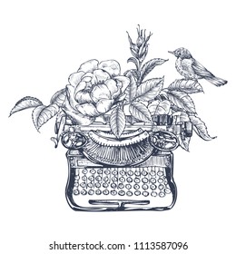 Composition with a bird, a typewriter, leaves and a flower of a dogrose. Ink illustration by hand. Graphic arts. Vintage drawing for print to clothing, textiles, posters and other surface