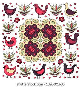 Composition with birds, ornament, folk art, hand drawn, vector illustration