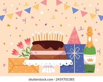 Composition for a birthday with a cake, gifts, champagne and garlands.Happy Birthday, holiday card design.