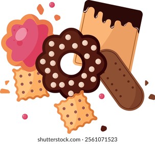 Composition of biscuits, cookies and crackers. Hand drawn food illustration in flat style. Simple geometric shapes. Food vector drawing on transparent background