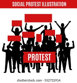 Composition with black silhouettes of protesting crowd rioters holding red rectangular placards with place for text vector illustration