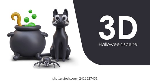 Composition with black vat with toxic potion in green color, cute cat, and little dangerous spider. Concept of Halloween scene. Vector illustration in 3d style with place for text