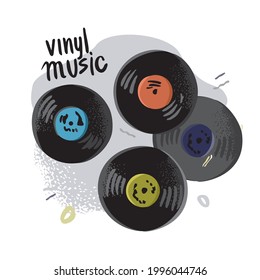 Composition of black vinyl records with lettering vinyl music is isolated on white. Set of vintage music CDs. A trending gift. Retro music media. Cartoon vector illustration