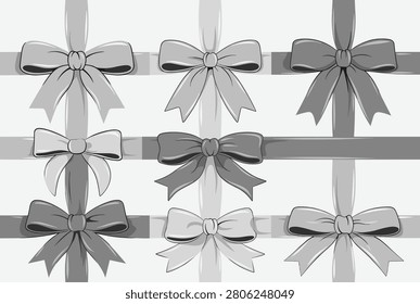Composition of black and white gift bows arranged on a geometric grid of ribbons for a clean minimalist festive theme.