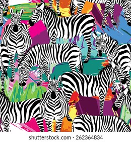 Composition of black and white zebra tropic animal in the jungle on colorful painting hand drawn background. Print seamless vector pattern art top summer in fashion styles