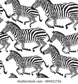 Composition of black and white zebra tropic animal in the jungle on colorful painting hand drawn background. Print seamless vector pattern in fashion styles