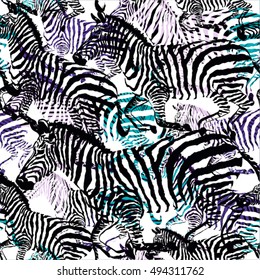 Composition of black and white zebra tropic animal in the jungle on colorful painting hand drawn background. Print seamless vector pattern in fashion styles