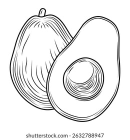 Composition of black whole avocado and slice with pit engraved style isolated on white background. Tropical summer fruit vector hand drawn illustration. Detailed food drawing for label, poster, print
