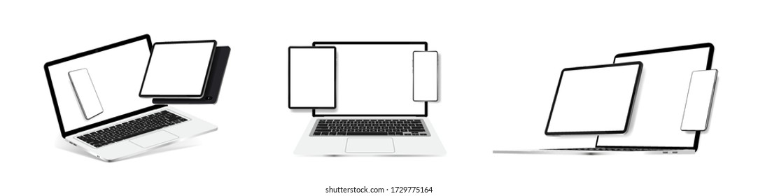 Composition blank gadgets (smartphone, notebook, tablet, laptop) in various positions. 3D realistic device in perspective and isometric view. Vector Mockups Gadgets