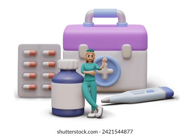 Composition with blister with pills, jar with mixture, thermometer, kit with medicine