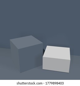 Composition with Blocks, Cubes, Parallelepipeds. For Exhibition, Stage and Design. Background Abstract, Minimalistic and Realistic. Podium in Muted Blue Colors. 3d rendering vector illustration