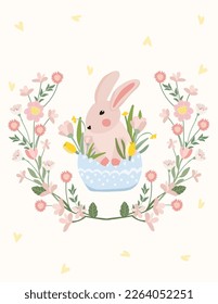 Composition with a blooming wreath and a cute rabbit inside. Spring-summer flowering. Bright compositions are suitable for banners, posters, Easter, spring. Vector graphics.