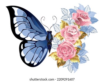 Composition of blue butterfly and bouquet of delicate, pink roses with blue and gold jewelry leaves on white background.