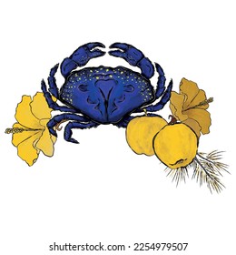 composition blue crab, apples and flowers	
