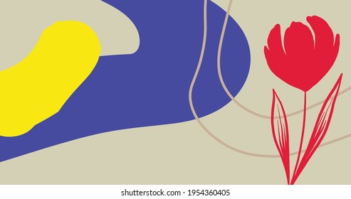 Zusammensetzung der blauen, roten und gelben grafischen Pflanzenformen mit beigen Linien auf hellgrünem Hintergrund. Farbe und Naturkonzept digital generiert.