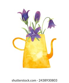 Composition of bluebells in a garden watering can. Watercolor illustration. Yellow vase with purple flowers, leaves. Simple stylized style. Spring botanical bouquet for Easter.Hand drawing. Vector.