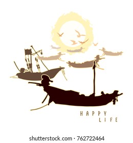 Composition with  boats and flying gulls against the backdrop of  sun. Vector image painted in a realistic style.