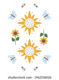 Composition with boho sunflower and butterflies.  Flat design, vector illustration