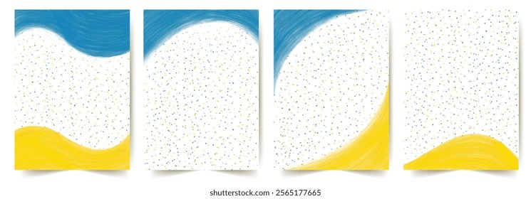 Composition book images. Set of abstract dots backgrounds brochure template flyer. Rain and snow printable wall hanging diy art painting. Blue yellow shapes. Colorful memphis design magazine, posters 