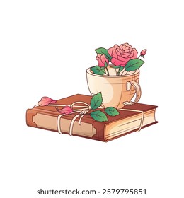 Composição de livro com corda e xícara com flores de rosa. Ilustração vetorial colorida. Apreciador de livros, livraria, conceito de biblioteca.
