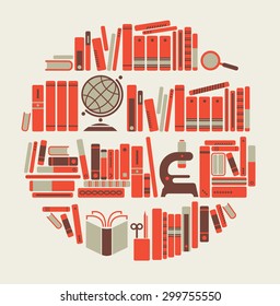 Composition with books arranged in the shape of a circle.