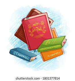 Composition from books of different colors on a watercolor textured background. School supplies