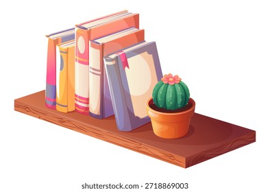 Composition of books standing on a shelf with a cactus in a pot. Cozy home library, education, reading, learning, interior decor concept. Vector illustration of colorful bookshelf