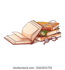 Composition with books. Vector illustration of stack of books with rope, open book, glasses isolated on white background. Book lover, bookstore, library concept.