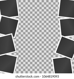 Composition, border of realistic black photo frames on transparent background. Mock ups for design. Vector illustration