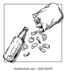 Composition From a Bottle of Beer and Snacks, chips that poured from an open package from the top. Hand drawn sketch, Illustration, template for the menu of restaurants, pubs, bars. Isolated vector