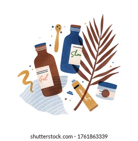 Composition of bottle with care products vector flat illustration. Different colorful jars with organic cosmetics isolated. Various tube decorated by tropical branch with leaves and design elements