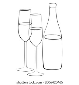 Composition of a bottle of champagne and two glasses made in a graphic style of line drawing on white isolated background