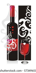 Composition from a bottle and a glass with red wine with a pattern and heart symbols