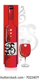 Composition from a bottle and a glass with red wine with a pattern and heart symbols