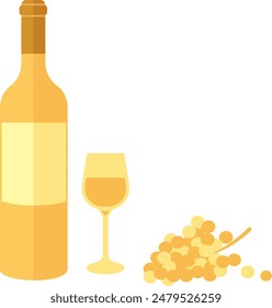 Composition of bottle and glass of white and bunch of yellow grapes vector illustration. Transparent background