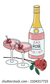 Composition with bottle of Pink Sparkling Champagne wine, couple of glasses, rose and strawberries. Cute Valentines day doodle cartoon hipster style vector illustration isolated on white background.