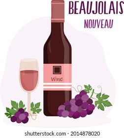 Composition with bottle of red wine, wineglass and bunch of grapes. Inscription Beaujolais nouveau. Wine testing. Grapes harvest. Festival of young wine in France. Poster, card, invitation.