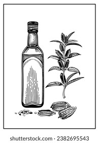 Composition with a bottle of sesame oil and a sprig with leaves, sesame seeds.