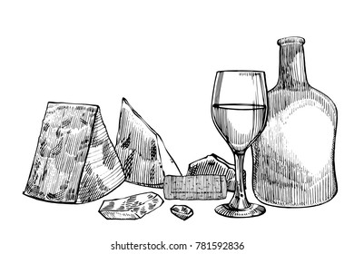 Composition of a bottle of wine, glasses, parmesan cheese, grapes and leaves with olives. Hand drawn engraving style illustrations. Banners of wine vintage background.