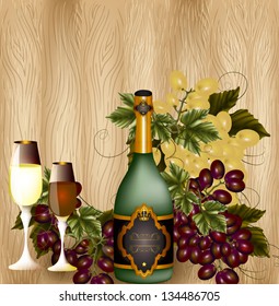 Composition with  bottle of wine and grapes on hardwood background