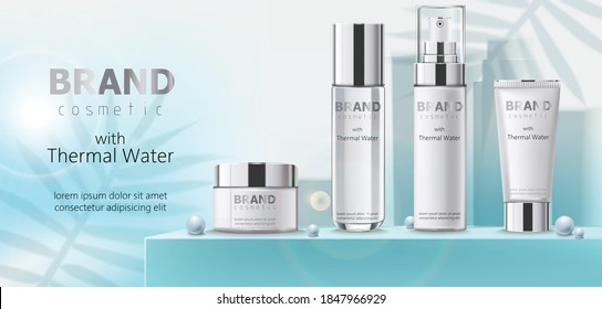 Composition of bottles cosmetics, thermal water on teal podium with beads. Place for text. Realistic 3D mockup product placement. Vector