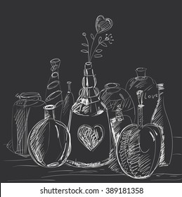 The composition of the bottles, decanters, phials with flower-heart. 