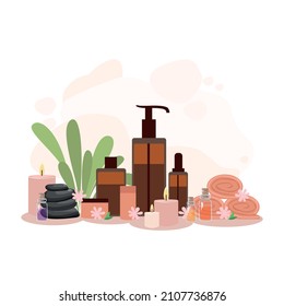 Composición de botellas con masaje y aceites aromáticos y cremas cosméticas. Relajación en el spa. Ilustración vectorial para publicidad, volantes y medios sociales.