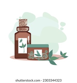 Composition of bottles with medicinal herbs, aromatic oils and herbal tinctures. Herbal medicine. Alternative medicine. Vector illustration for advertising, flyers and social networks.