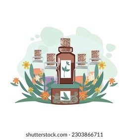 Composition of bottles with medicinal herbs, aromatic oils and herbal tinctures. Herbal medicine. Alternative medicine. Vector illustration for advertising, flyers and social networks.