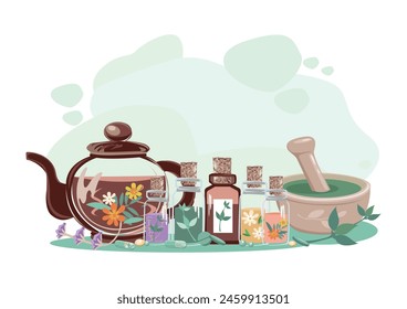 Composición de botellas con hierbas medicinales, aceites aromáticos, tinturas herbales y té vitamínico. Hierbas medicinales. Medicina alternativa. Ilustración vectorial para publicidad, volantes y redes sociales.