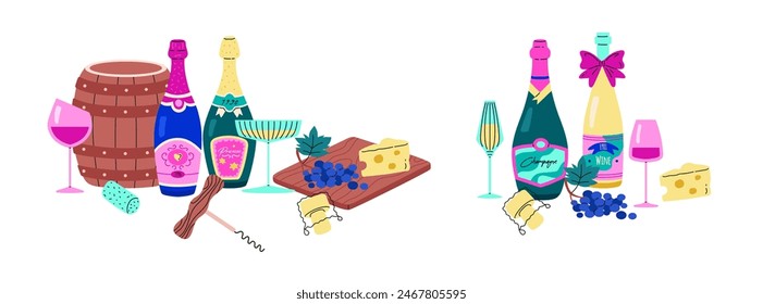 Composition with bottles of wine, glasses, cheese, grapes flat vector illustrations set. White or red sparkling, champagne or prosecco, wooden barrel with alcoholic drinks beverage
