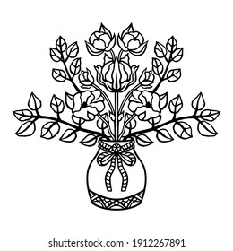 Composición, ramo de flores secas. Ramas de algodón y eucalipto en un jarrón de fondo blanco. Ilustración vectorial de moda con esquema de mano. Línea continua, minimalista.